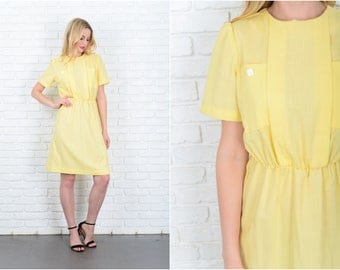 Vintage 80s Yellow Retro Dress Puff Sleeve Secretary Small Medium S M 9443