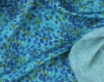 Printed wool and lycra jersey fabric in aqua with navy, sewing fabric, by the yard.