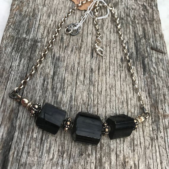 Raw Black Tourmaline Necklace - Diamond cut Rolo Chain - Sterling Silver - Urban Decay Style - Artisan Sundance Jewelry