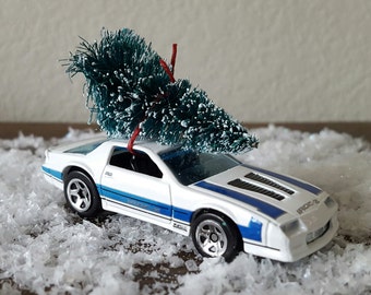 Vintage Collectible Hotwheels 1985 Chevy Camaro IROC-Z Bottlebrush tree Christmas Ornament