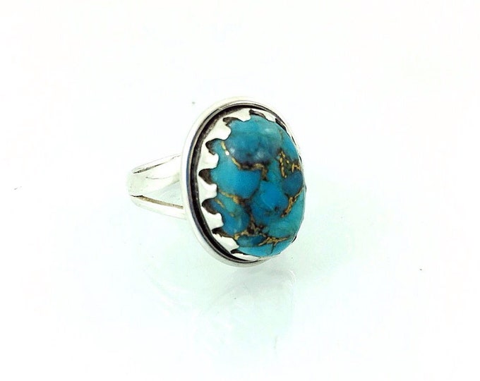 Superb Turquoise Sterling Silver Ring, Blue Stone Turquoise Ring with Copper. Size 6.5 Bohemian Rings, Southwest 925 Navajo Style Ring.