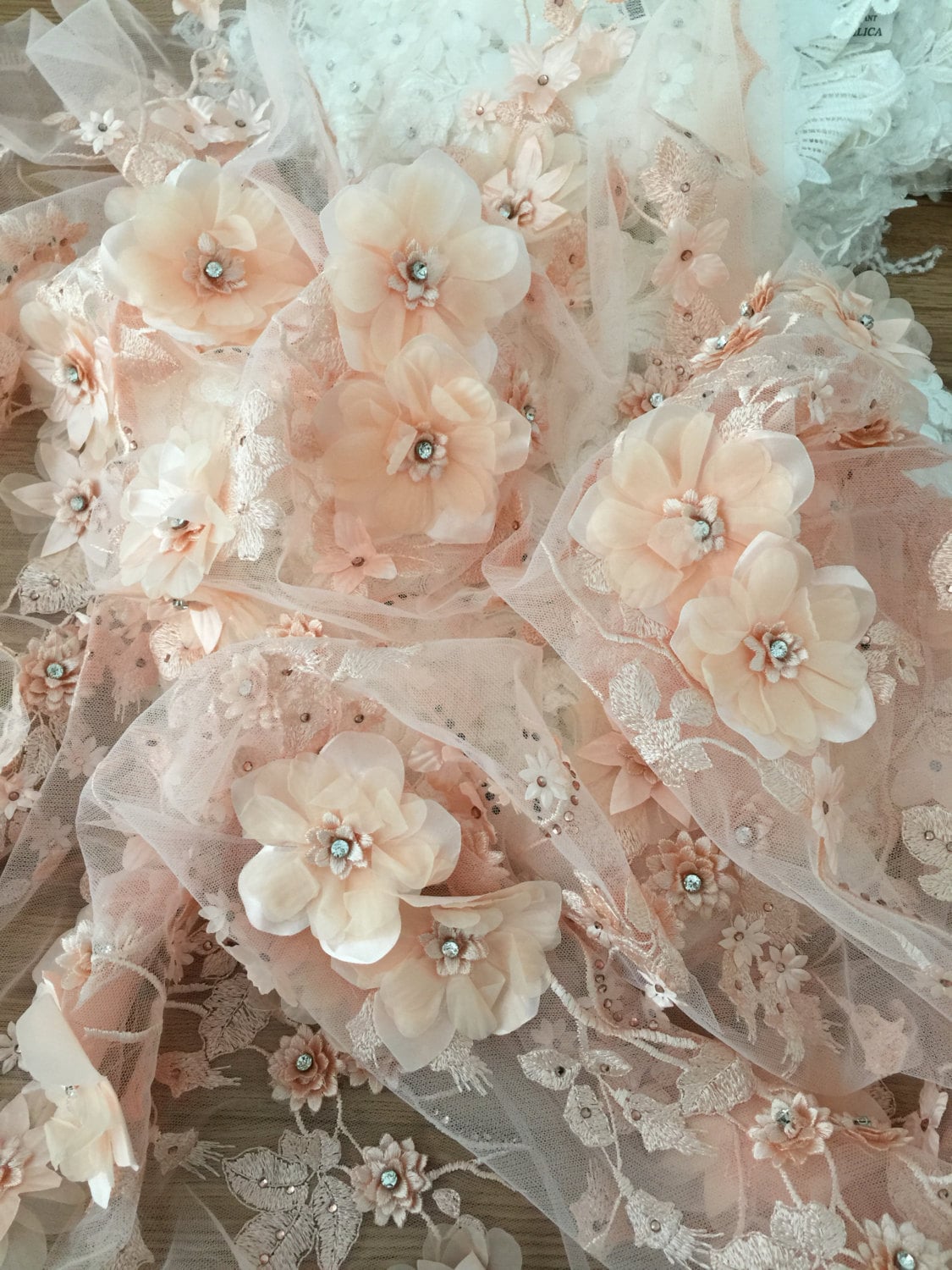 Peach 3D Lace Fabric Luxury3D Flowers Applique Wedding
