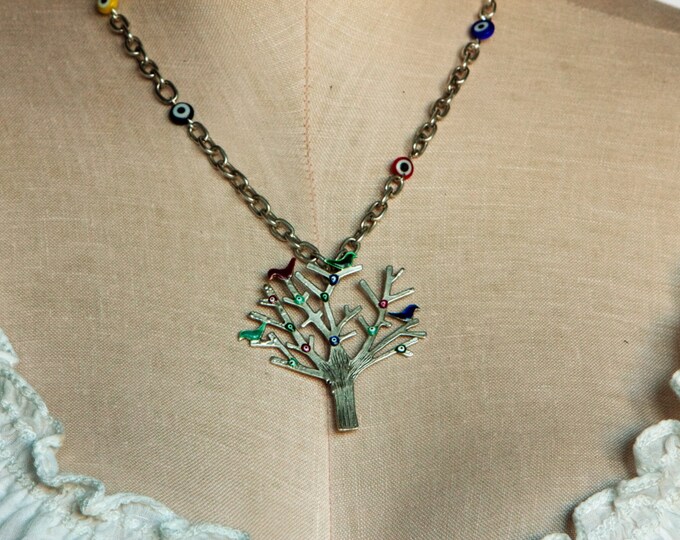 Evil eye tree necklace - Silver evil eye necklace - tree of life necklace - turkish evil eye jewelry - adjustable zamak necklace