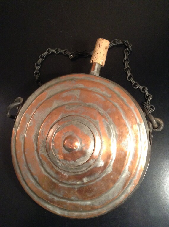 Vintage copper and brass canteen flask with wrought iron