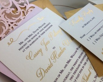 Blush and Gold Wedding Invitations. Pocket Laser Cut Wedding Invitation. Gold Foil. Rhinestone Detail. Blush Pink and Gold. Luxe Wedding.