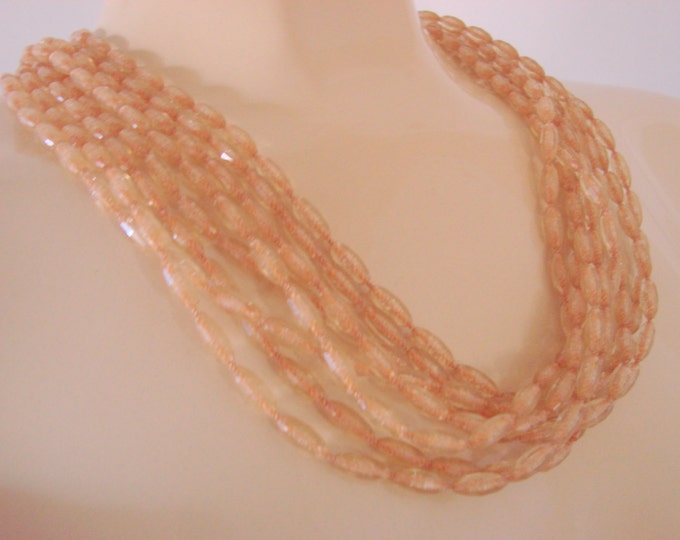 Vintage Multi Strand Light Amber Plastic Bead Necklace Ornate Beaded Clasp Jewelry Jewellery