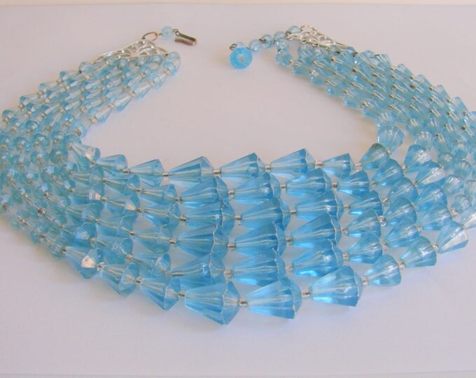 Vintage Sky Blue Lucite Faux Crystal Bead Bib Necklace / Multi Strand / Jewelry / Jewellery