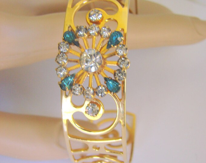 Vintage Pierced Lacy Goldtone Blue Teardrop Rhinestone Cuff Bracelet / Jewelry / Jewellery