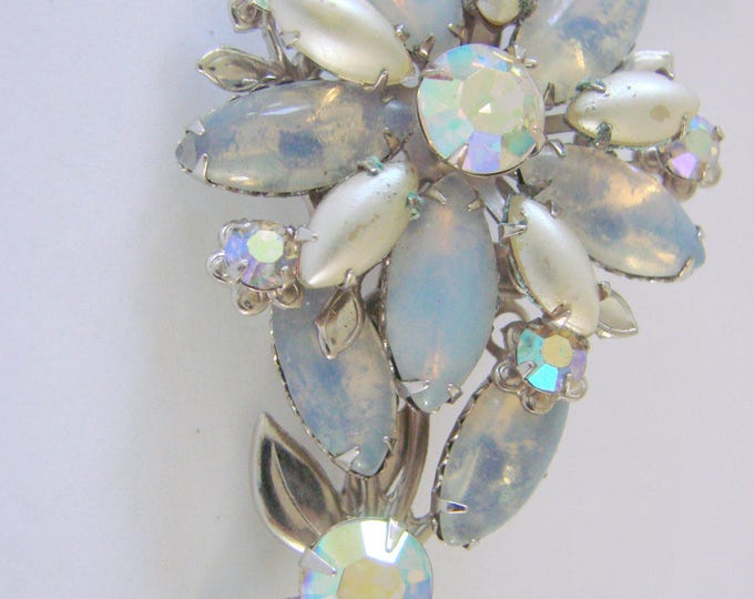 Vintage Blue Rhinestone Aurora Borealis Faux Opal Pearl Brooch Mid Century Jewelry Jewellery