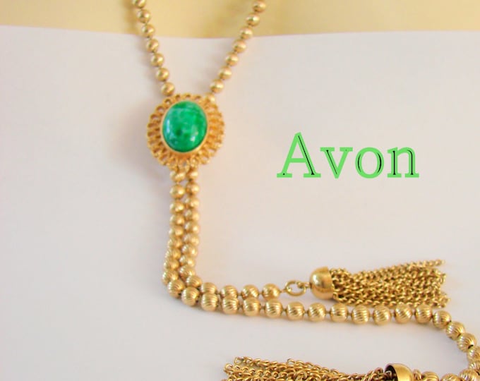 Vintage Avon Bolo Tassel Necklace Green Glass Cabochon Goldtone Designer Signed Jewelry Jewellery