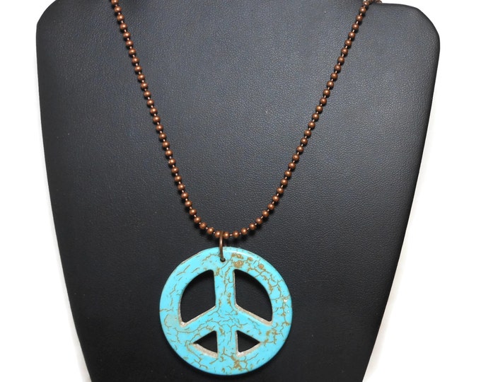 Turquoise peace symbol pendant, faux howlite necklace, your choice or take both, share with friend, industrial chic, bronze ball chain