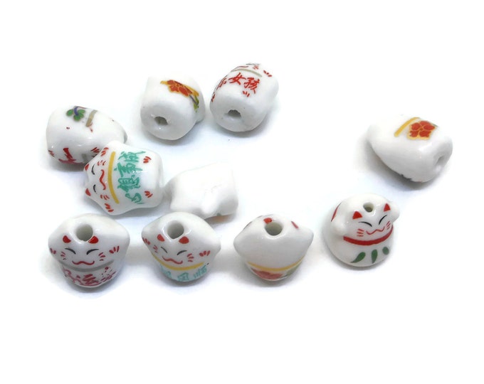 10 piece lot, Maneki Neko beads, lucky cat beads, beckoning cats, ceramic small beads, Kawaii cat beads, porcelain cat beads