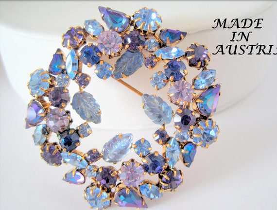 Amethyst Rhinestone Brooch - Signed Austria - Blue Highlights - Collectible Pin