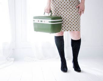Vintage green train case, hardshell travel suitcase avocado luggage makeup case, mirror, 1970s
