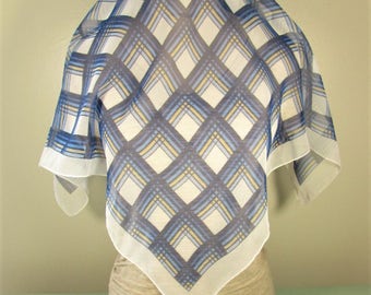 Blue Plaid Sheer Scarf - Vintage Square Geometric Glentex