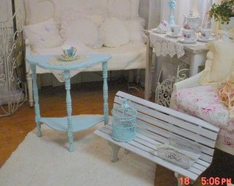Painted Turquoise Table Vintage Demilune Shabby Chic Paris Apt Cottage