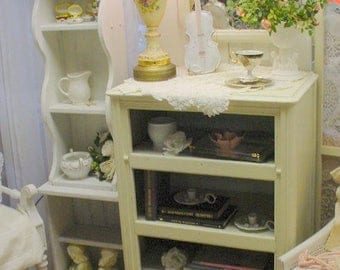 Vintage Bookcase Cabinet Painted White French Country Shabby Chic