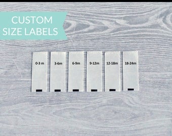 Qty 200 - Custom size labels - Baby size labels - Toddler size labels - Children's size labels - Adult size labels - Custom clothing labels