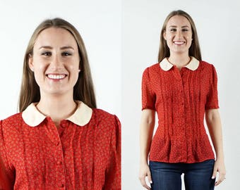 Vintage Red Blouse / 1990s Button Down / Peter Pan Collar Blouse / Short Sleeve Blouse / Sheer Fabric / Medium / Feminine Blouse / Pleating