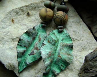 forged metal leaf earrings with cherry creek jasper beads and verdigris patina, metalwork leaves, ooak assemblage earrings, Anvil Artifacts