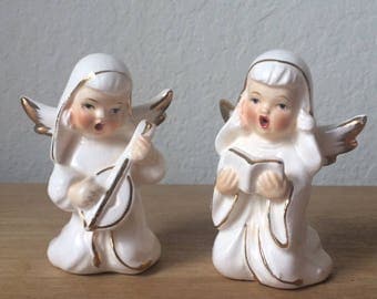 Vintage Porcelain Singing Nun Figurines, White Porcelain Angels with Hand Painted, Made in Japan
