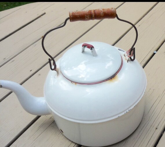 Rustic Rusty Red Trimmed Enamelware Water Tea Kettle