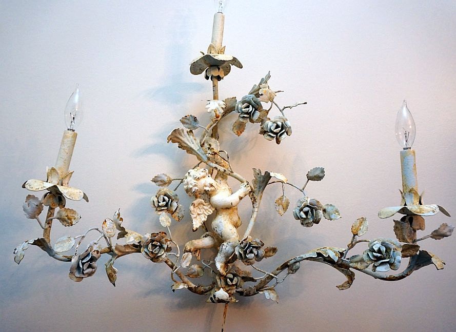 Cherub sconce lighting candelabra roses wall hanging French