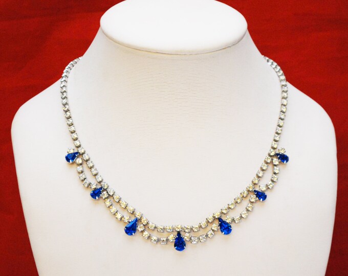 Blue Rhinestone Necklace and Bracelet - B David signed - Silver tone - Jewelry Set - Mid Century -Wedding Bride