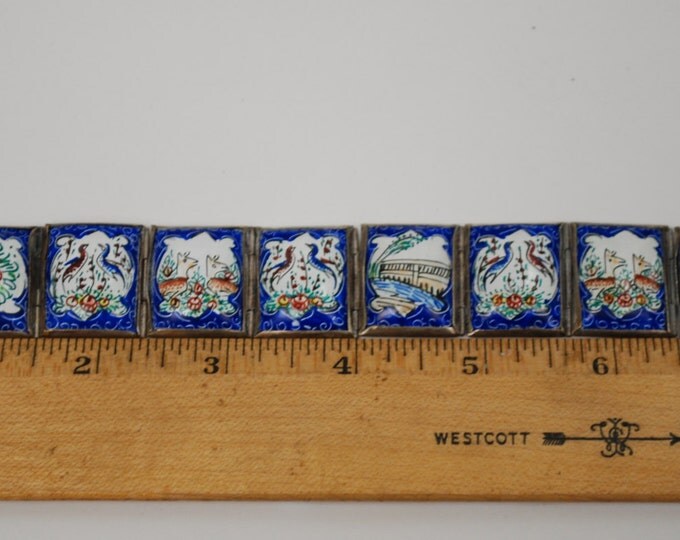 Hand Painted Enamel Panel bracelet - story tile - 850 silver -blue white - birds animals - oriental link bangle