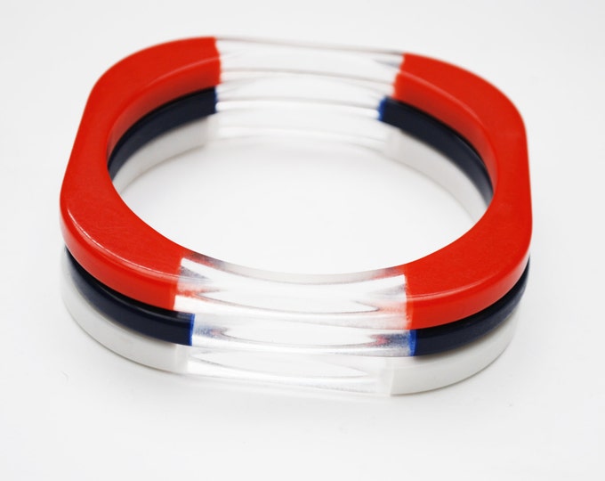 Three Lucite Bangles -Red White Blue clear - Vintage Plastic - Mod Bracelets