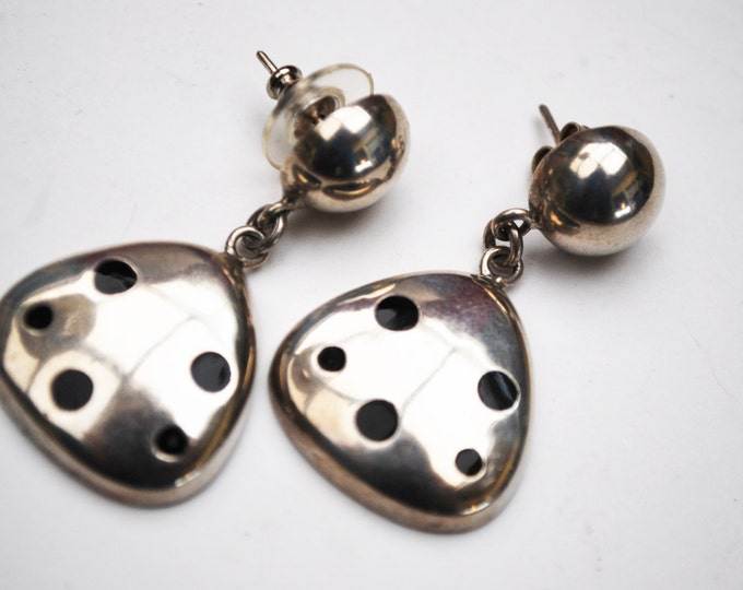 Sterling Mexico Dangle earrings - pierced silver earring - black enamel polka dots
