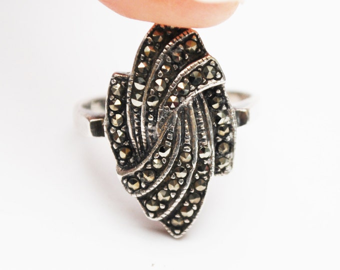 Sterling Ring - Silver Swirl - Pyrite Marcasite - Mexico Signed - size 7 1/2- Art Deco