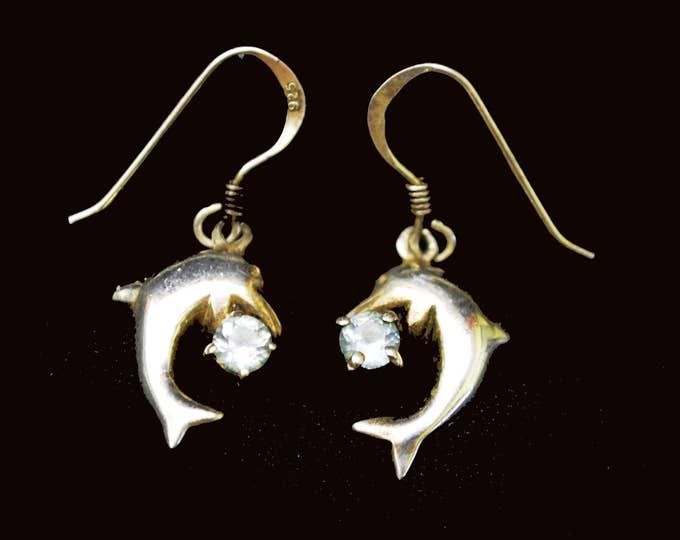 Sterling Dolphin blue topaz EArrings- Birthstone - light Blue gemstone - sea life - figurine earrings