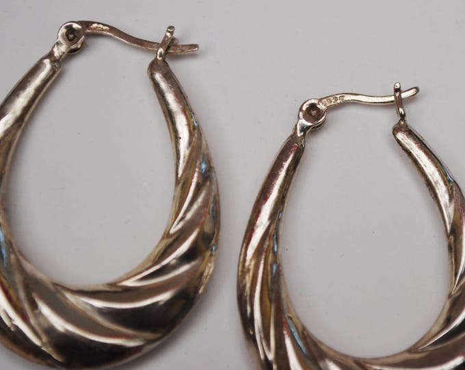 Large Sterling Hoop Earrings - puffy hallow sliver hoops - Modernistic design - twisted ribbed -style Signed 925 - pierced earrings