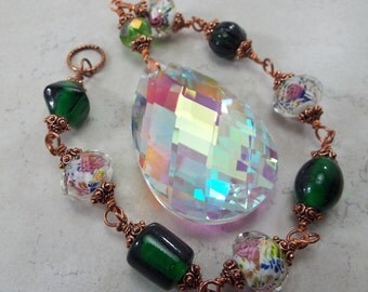 Sun Catcher Aurora Borealis with Vintage Inspired Lampwork Pink and Green Copper Chain
