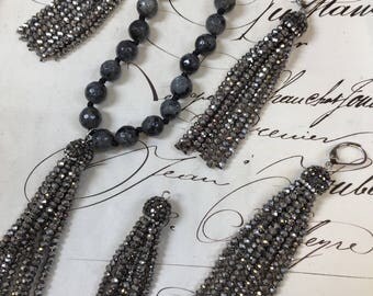 BACK IN STOCK! Crystal tassel, ~3 inches, silver tones, crystal tassel cap, gun metal cap, on trend, necklace tassel, earrings tassel