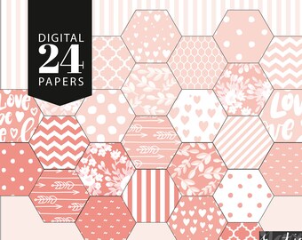 24 BASIC peach pink, white and salmon digital papers. Floral with leaves, polka dot, striped, arrow, heart patterns.