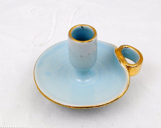 Vintage Mid Century Pale Blue and Gold Glazed Ceramic Porcelain Candle Holder / Candle Stick Retro Mid Century Modern Home Interior Lighting