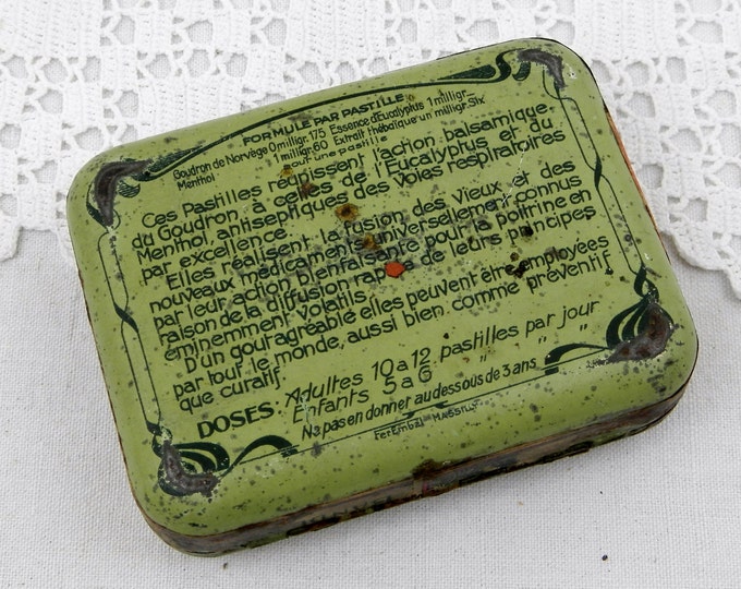 Antique French Pale Green Lithographed Art Nouveau "Pastilles Salmon" Medical Candy Metal Box, Apothecary Tin from France, Brocante Decor Antique French Pale Green Lithographed Art Nouveau "Pastilles Salmon" Medical Candy Metal Box, Apothecary Tin from France, Brocante Decor