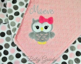 Personalized Minky Baby Blanket - Owl Baby Blanket - Blush / Silver Mod Dot Minky - Blush Minky Dimple Dot - Monogrammed Blanket
