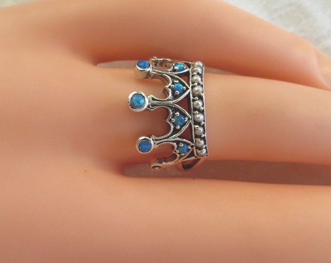 Sterling Filigree Crown Ring, Blue Fire Opal Seed Pearl Stones, Size 6 Ring, Vintage Crown Ring