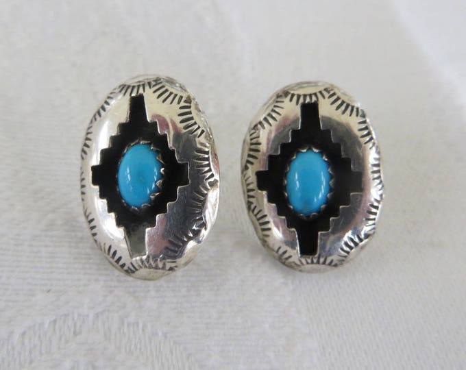 Sterling Navajo Earrings, Vintage Navajo Turquoise Pierced Earrings, Native American Jewelry