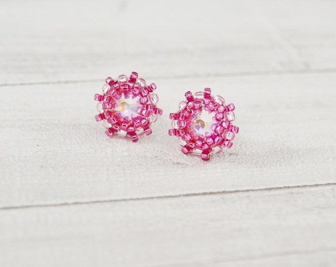Thumbnails pink crystal pink swarovski effect ab small earrings pink earrings cute earrings seed beads earrings light pink valentine gift