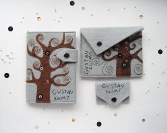 Gustav Klimt accessories - Hand embroidered set - Vegan felt passport case + Earbud holder + Wallet, Cover + Headphone pouch Tree of life