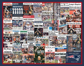 New England Patriots 2017 & 2015 Super Bowl Newspaper Front-Page Headline Collages. (Includes a Free 20X16", 2015 Collage Print)