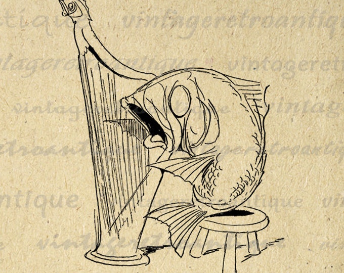 Carp Playing Harp Printable Digital Download Fish Music Graphic Image Antique Clip Art Jpg Png Eps HQ 300dpi No.1797