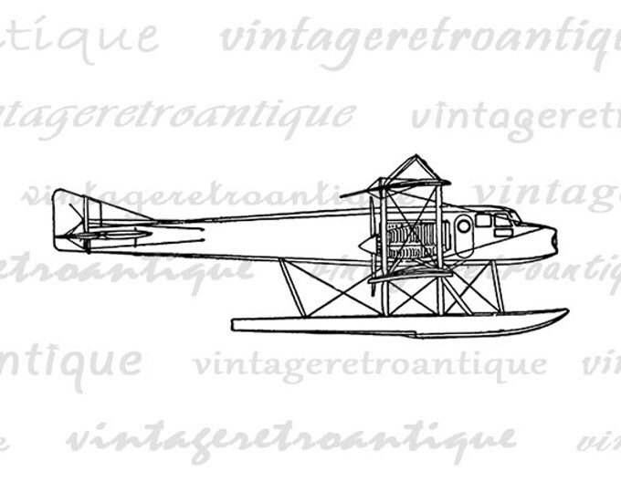 Printable Image Seaplane Airplane Digital Illustration Graphic Download Antique Clip Art Jpg Png Eps HQ 300dpi No.1678