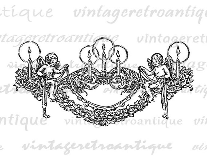 Digital Graphic Christmas Banner with Angels Candles Image Download Printable Vintage Clip Art Jpg Png Eps HQ 300dpi No.2336