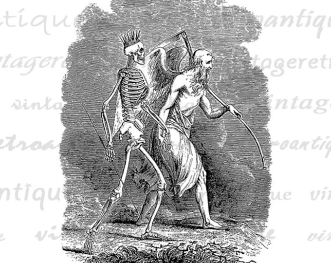 Digital Graphic Skeleton and Angel Download Death Illustration Image Printable Antique Clip Art Jpg Png Eps HQ 300dpi No.3086