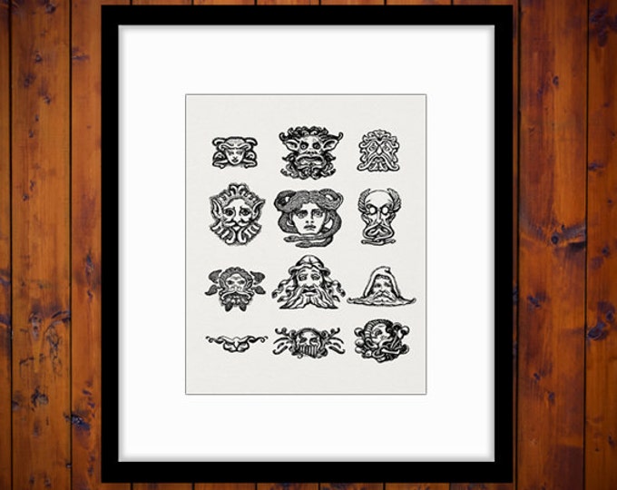 Classical Mythical Faces Printable Graphic Digital Greek Heads Image Download Antique Clip Art Jpg Png Eps HQ 300dpi No.1575